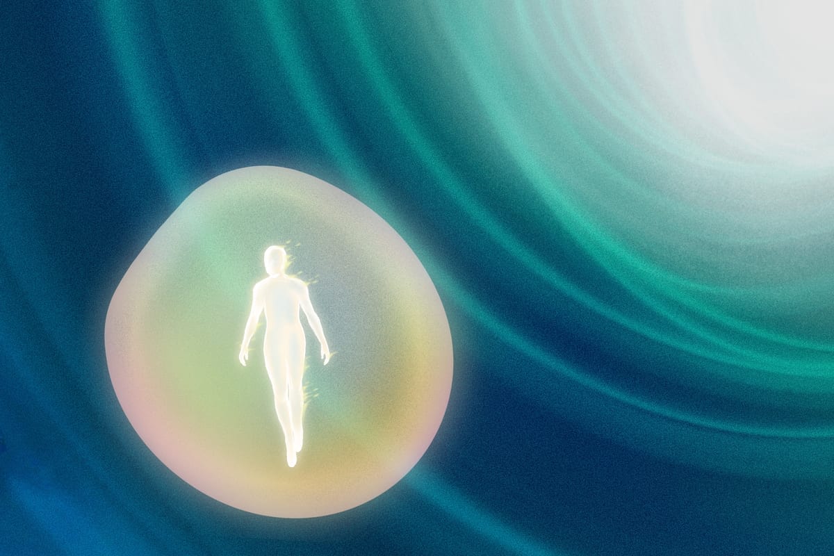 Editorial illustration of a luminous figure rising within a glowing orb