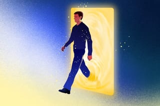 Editorial illustration of a figure walking through a glowing doorway