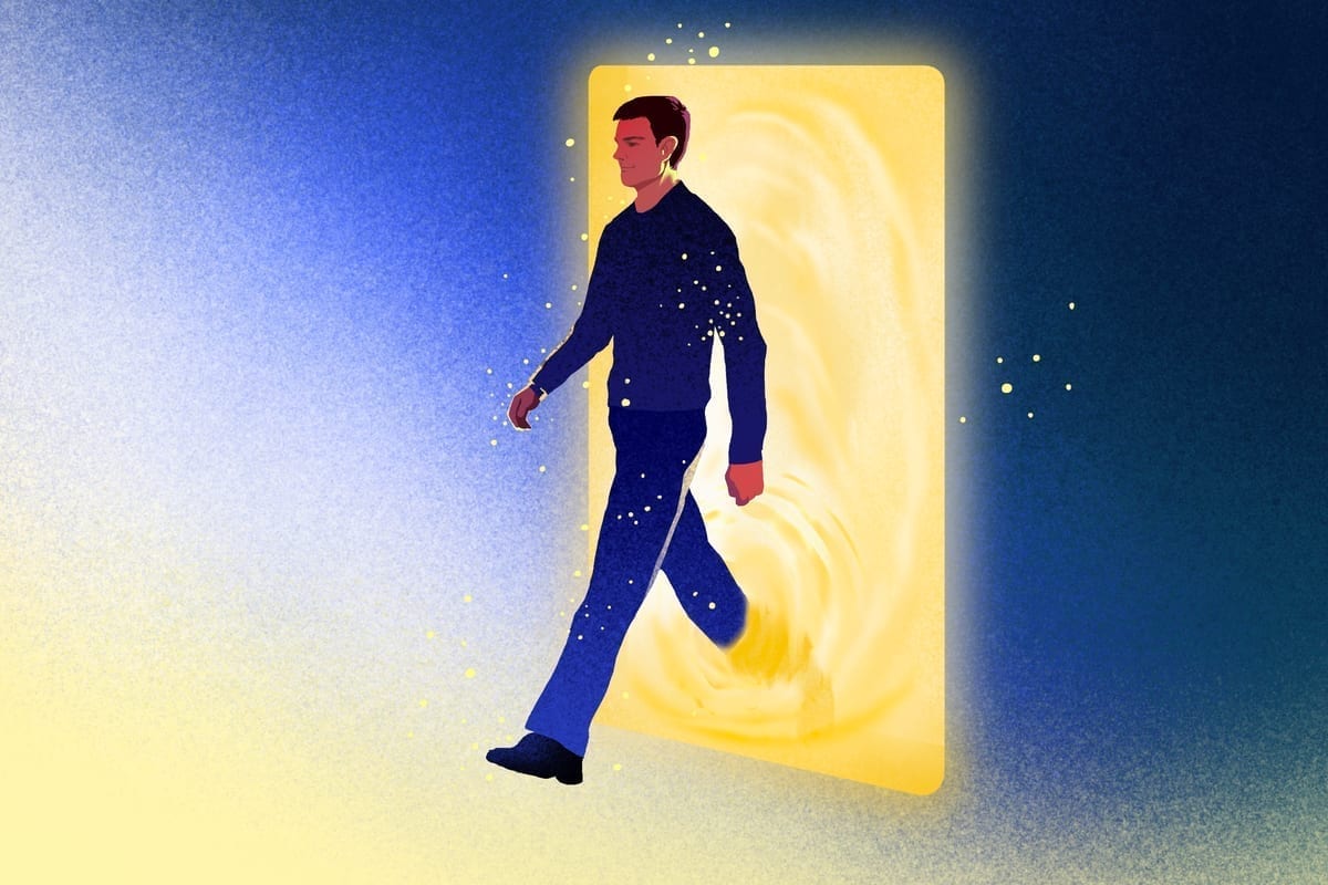 Editorial illustration of a figure walking through a glowing doorway